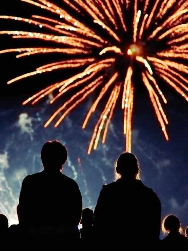 Grupo de pessoas observa fogos de artifício iluminando o céu noturno, com explosões coloridas ao fundo.