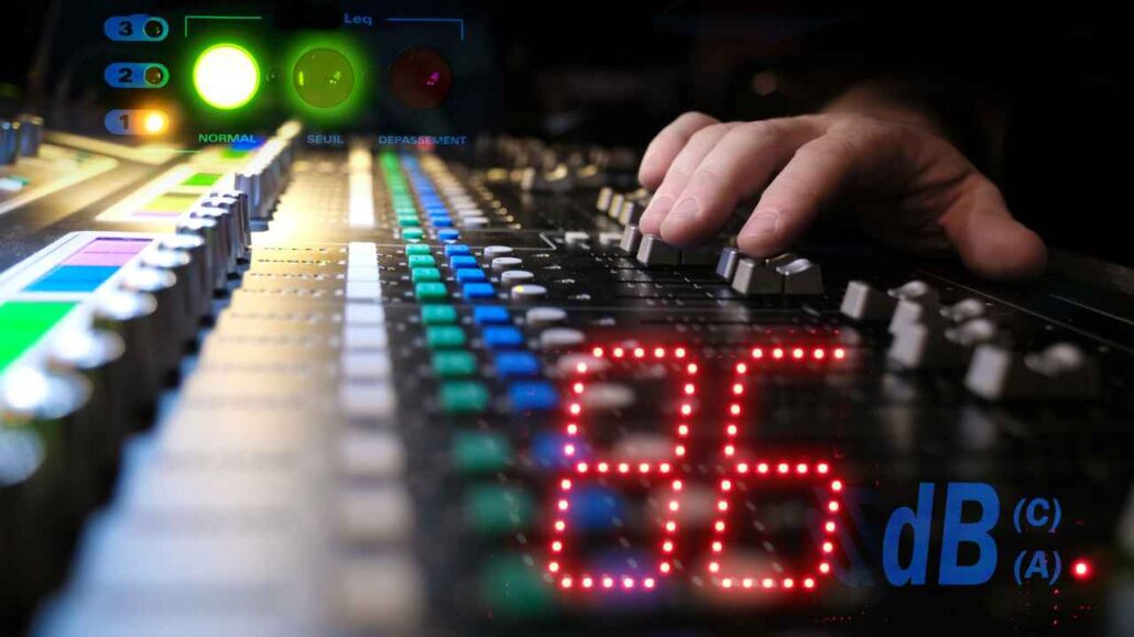 DJ ajusta os controles de uma mesa de som profissional iluminada, enquanto visor digital exibe nível de ruído de 86 decibel, indicando monitoramento preciso da intensidade sonora durante a performance.