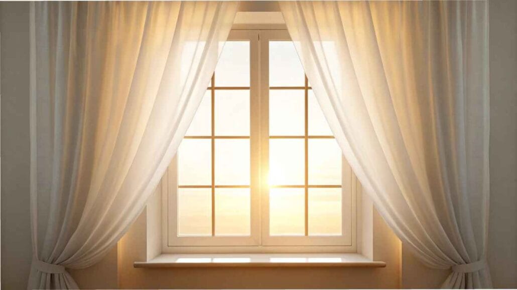 Janela de vidro com cortinas brancas abertas, permitindo a entrada da luz do sol, iluminando suavemente o ambiente interno.