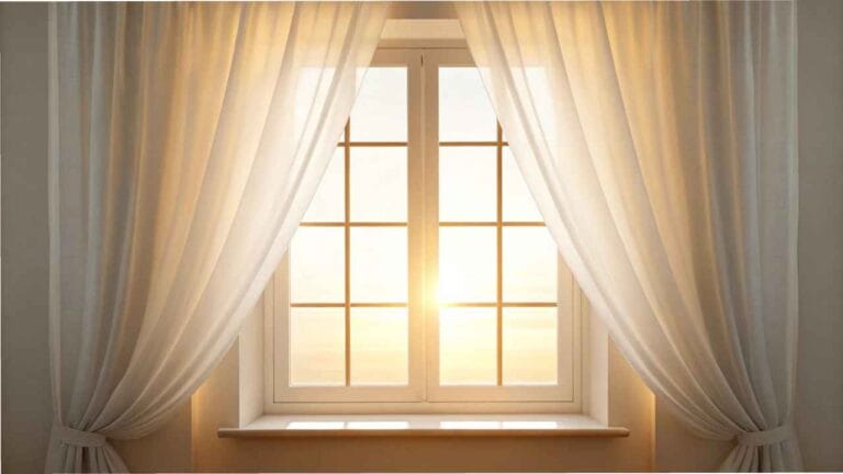 Janela de vidro com cortinas brancas abertas, permitindo a entrada da luz do sol, iluminando suavemente o ambiente interno.