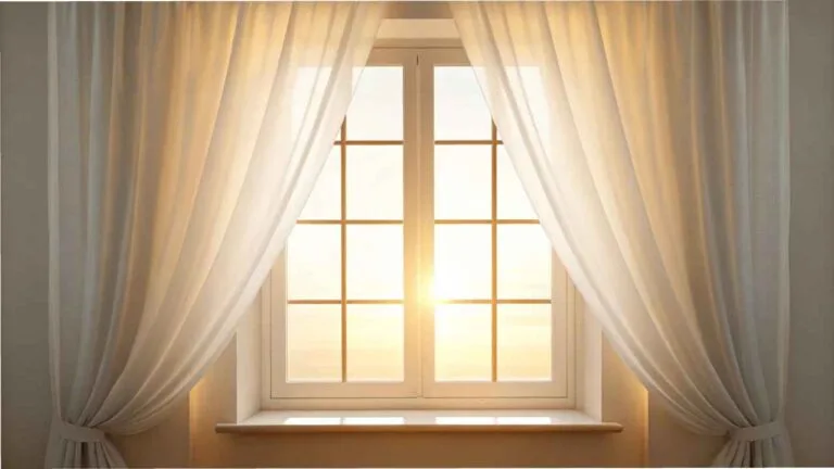 Janela de vidro com cortinas brancas abertas, permitindo a entrada da luz do sol, iluminando suavemente o ambiente interno.