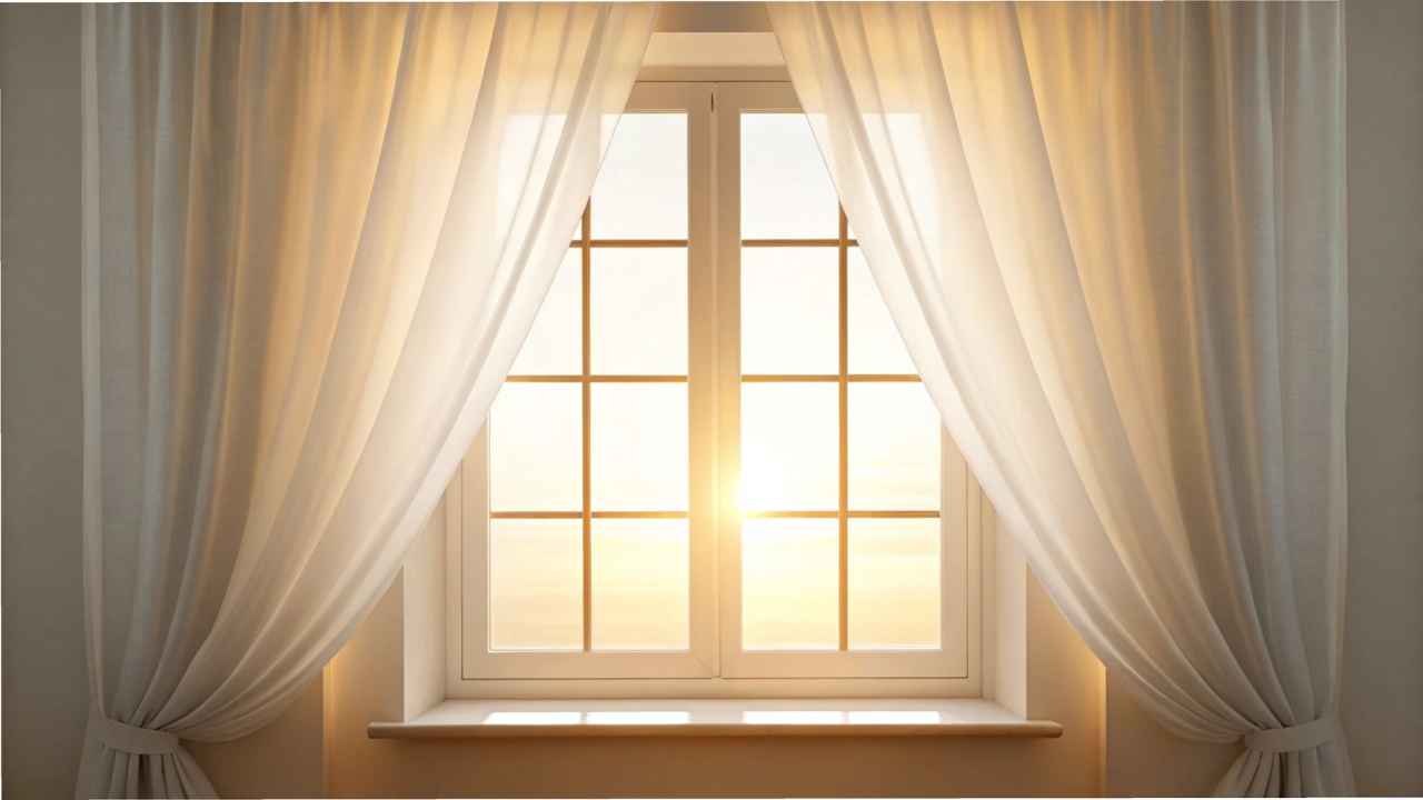 Janela de vidro com cortinas brancas abertas, permitindo a entrada da luz do sol, iluminando suavemente o ambiente interno.
