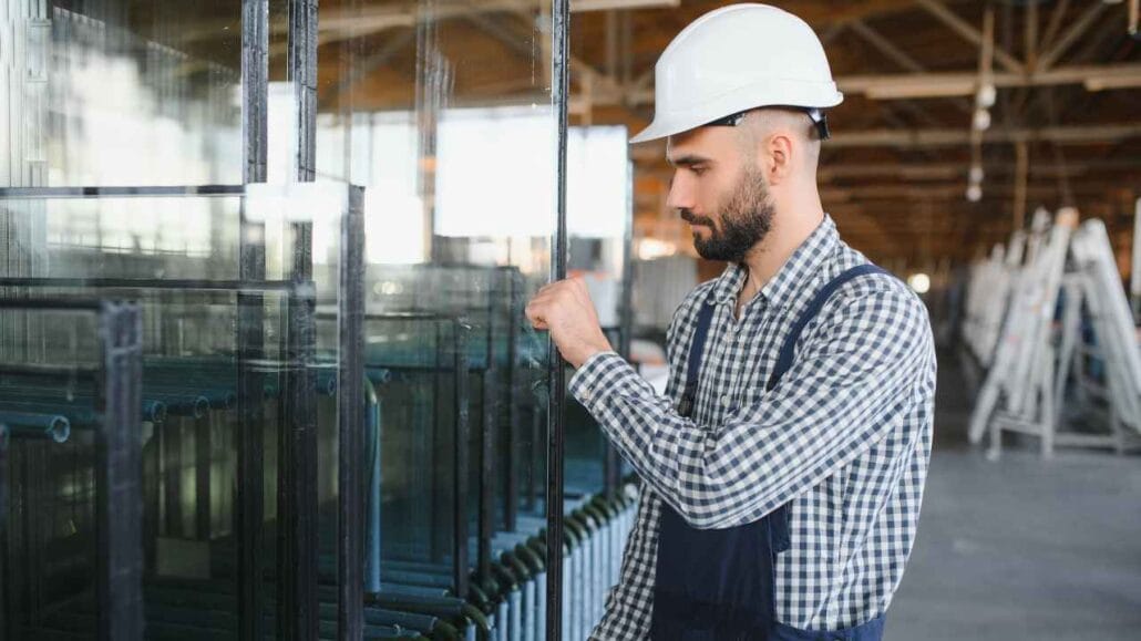Profissional com capacete de segurança inspeciona chapas de vidro em ambiente industrial.