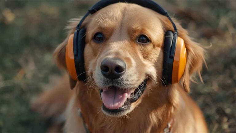 Cachorro usando protetor auricular laranja, olhando para a câmera com expressão tranquila