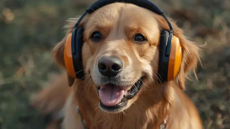 Cachorro usando protetor auricular laranja, olhando para a câmera com expressão tranquila