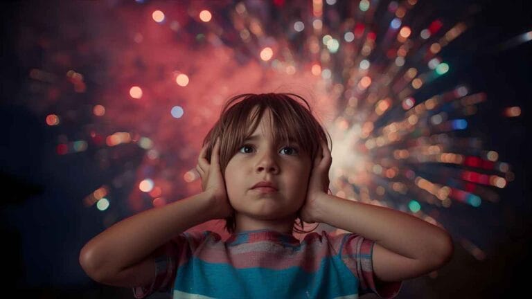 Criança tampando os ouvidos enquanto observa fogos de artifício ao fundo, demonstrando desconforto com o barulho intenso.