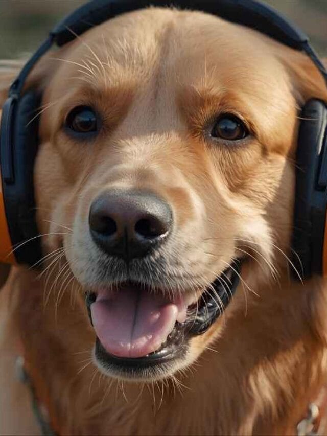 Cachorro usando protetor auricular laranja, olhando para a câmera com expressão tranquila