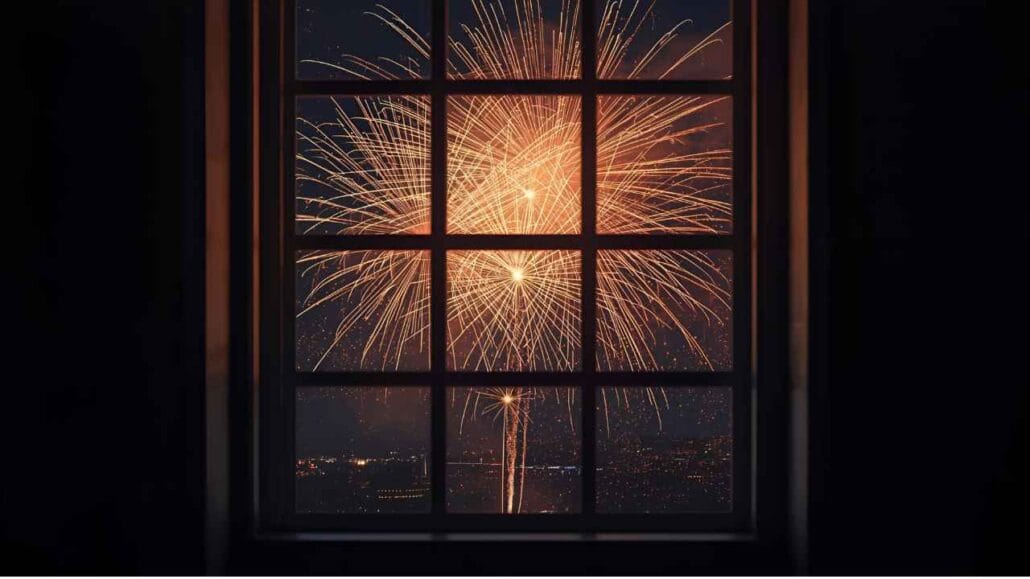 Vista de fogos de artifício através de uma janela escura, com explosões iluminando o céu noturno.