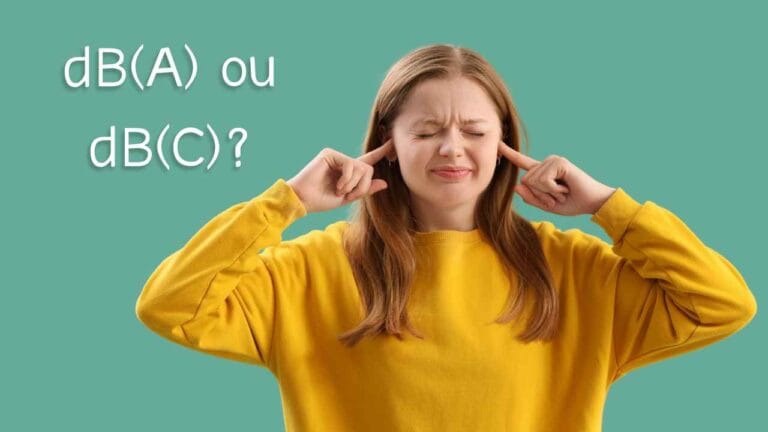 Mulher com expressão de incômodo tampando os ouvidos com os dedos, ao lado do texto ‘dB(A) ou dB(C)?’