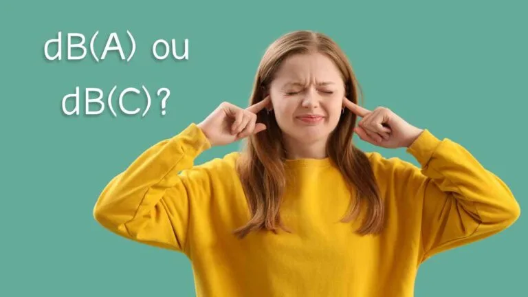 Mulher com expressão de incômodo tampando os ouvidos com os dedos, ao lado do texto ‘dB(A) ou dB(C)?’