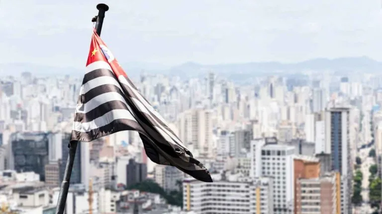 Bndeira de são paulo em destaque, atrás dela estão prédios.