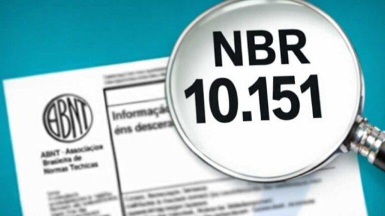 Lupa destacando a norma ABNT NBR 10151 sobre documento técnico relacionado à medição de ruído.