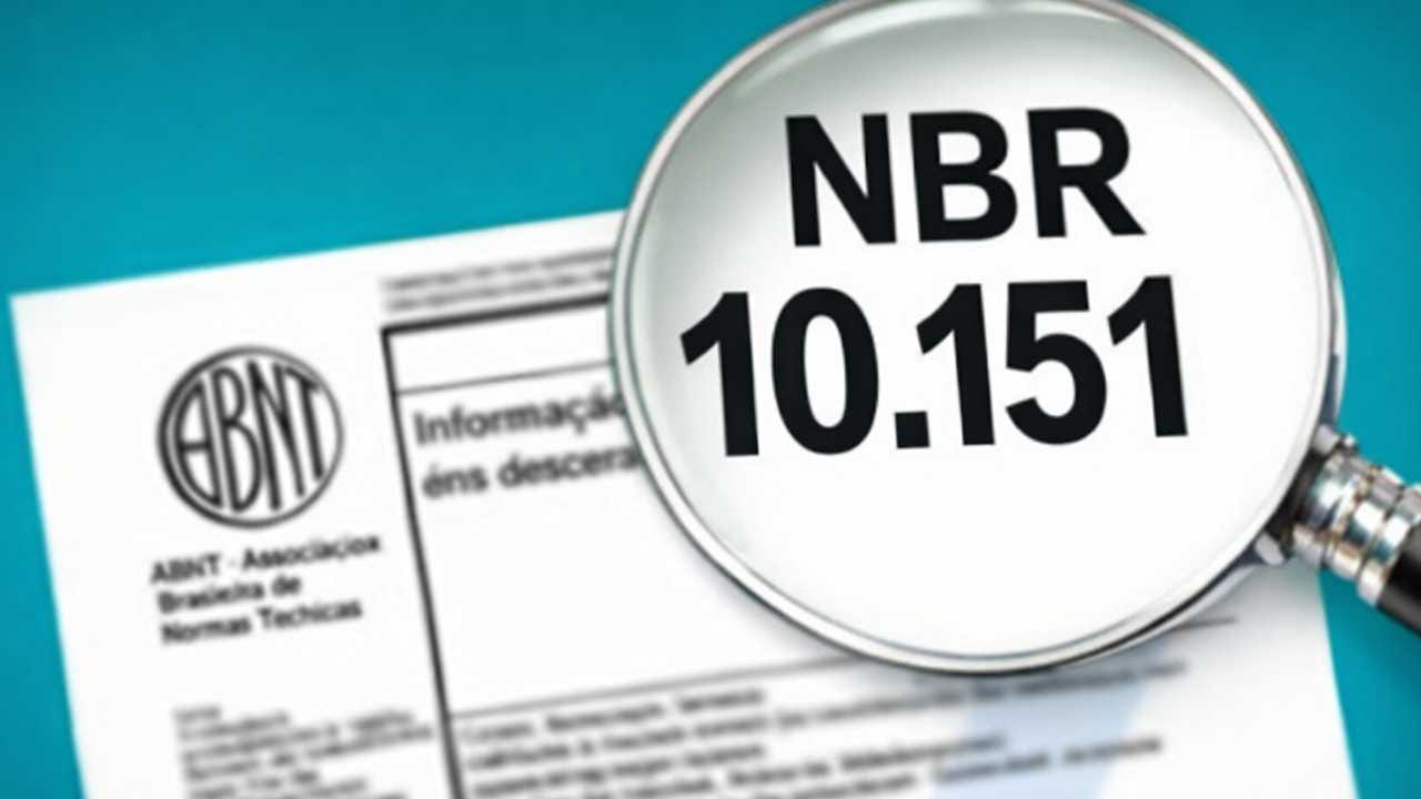 Lupa destacando a norma ABNT NBR 10151 sobre documento técnico relacionado à medição de ruído.
