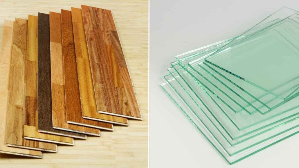 Comparação visual entre placas de madeira em diferentes tonalidades e chapas de vidro empilhadas
