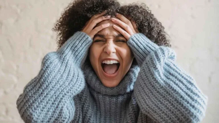 Mulher com expressão de estresse e frustração segura a cabeça com as duas mãos enquanto grita, provavelmente em decorrencia do barulho
