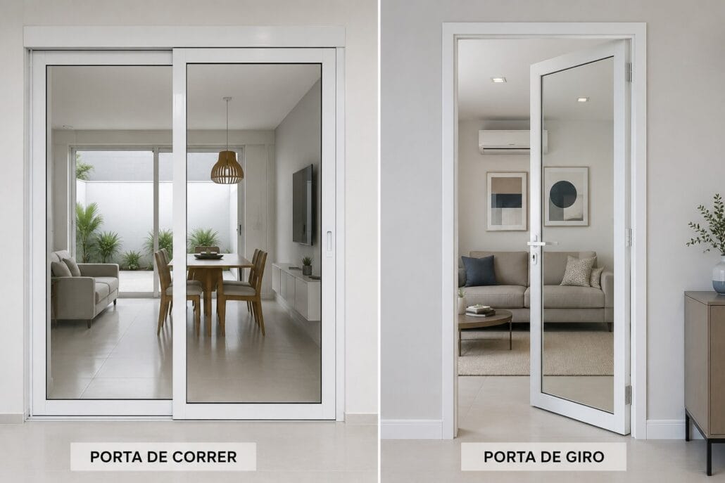 Comparação de porta de giro com porta de correr. Ambas as portas estão posicionadas lado a lado.