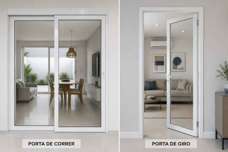 Comparação de porta de giro com porta de correr. Ambas as portas estão posicionadas lado a lado.