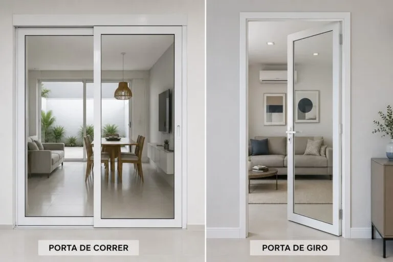 Comparação de porta de giro com porta de correr. Ambas as portas estão posicionadas lado a lado.