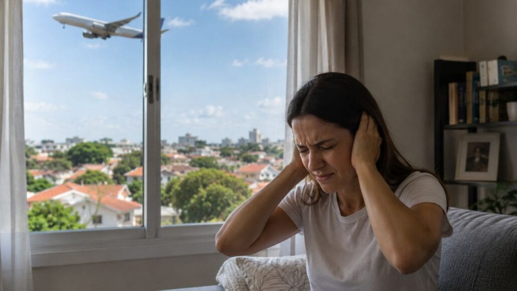 Mulher dentro de casa cobre os ouvidos e demonstra incômodo com o barulho de um avião que sobrevoa uma área residencial próxima à sua janela.