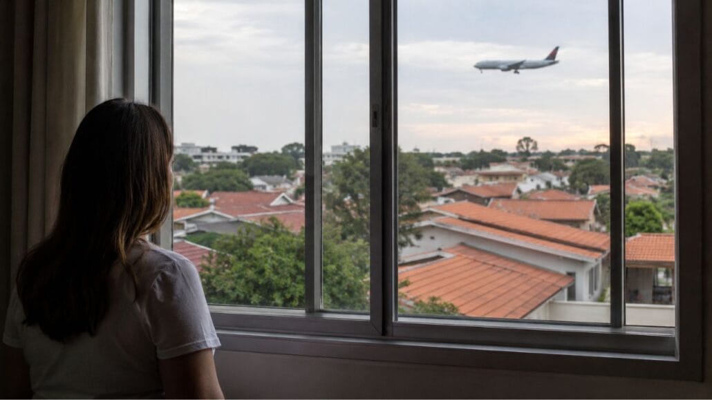 Mulher observa pela janela de casa um avião sobrevoando um bairro residencial
